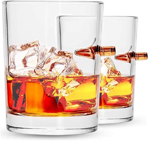 lucky shot 308 caliber whiskey glasses with bullet stucks in glass whiskey
