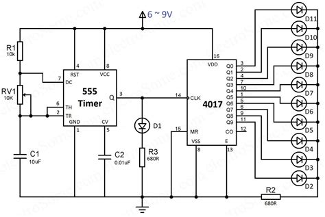 Click here for all circuit diagrams. LED Chaser using 4017 Counter and 555 Timer