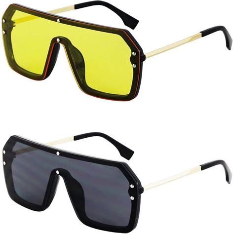 retro oversized shield sunglasses rimless flat top mirror glasses women men yellow and black