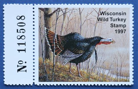 u s wiwt15l 1997 wisconsin wild turkey stamp with left serial tab great lakes stamps and coins
