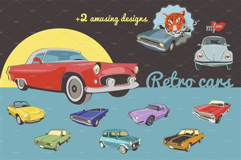 Retro Cars Set Illustrations Creative Market