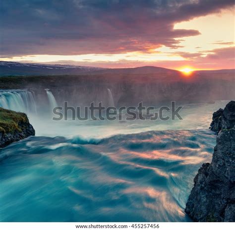 Summer Morning Scene On Godafoss Waterfall Stock Photo 455257456