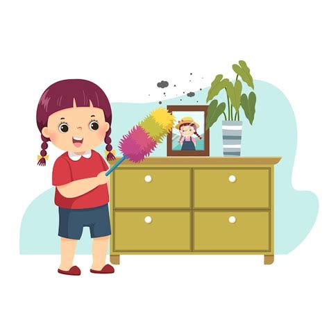 Premium Vector Cartoon Of A Little Girl Dusting The Cabinet