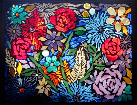 Mixed Wild Flowers Glass On Glass Mosaic With Grout