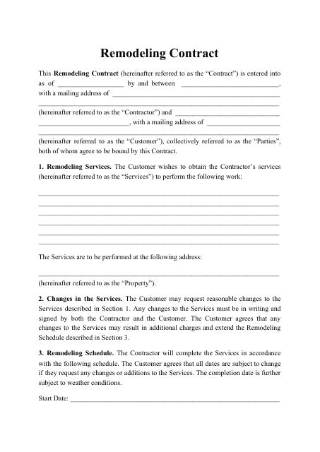 Printable Free Remodeling Contract Template Word Printable Templates