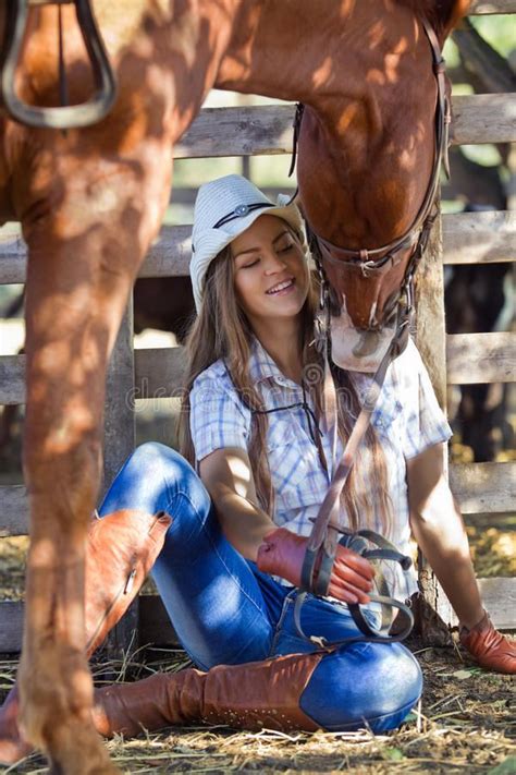 Photo About Young Cowgirl With Horse Kissing Her Image Of Happy