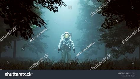 Illustration 3d Astronaut Standing Dense Forest Stock Illustration