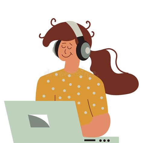 Girl Listening To Music On Laptop And Person Cartoon Woman Illustration