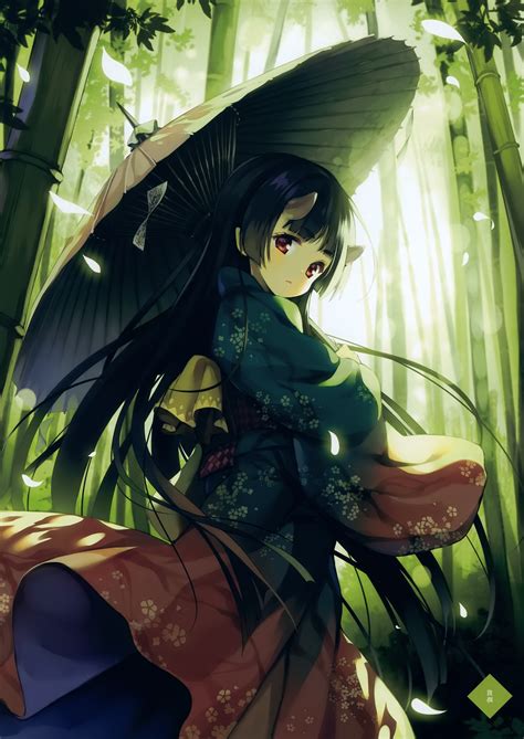 Wallpaper Loli Black Hair Petals Anime Girl Bamboo Forest Kimono