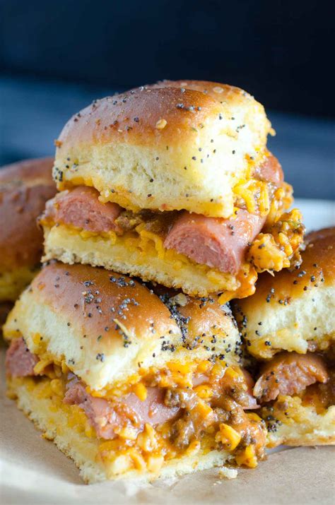 Baked Chili Dog Sliders Meaty Cheesy Delicious