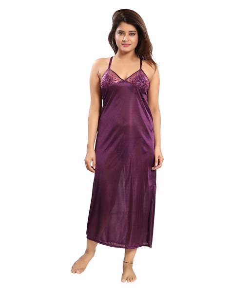 Buy Reposey Purple Satin Solid Nighty With Robe Bra And Panty Nightwear Sets Online ₹690 From