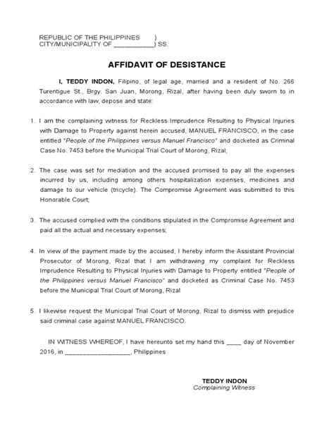 Affidavit Of Desistancedocx