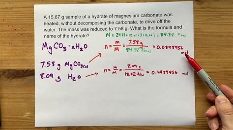 Find The Formula And Name Of A Hydrate Given Original Mass Youtube