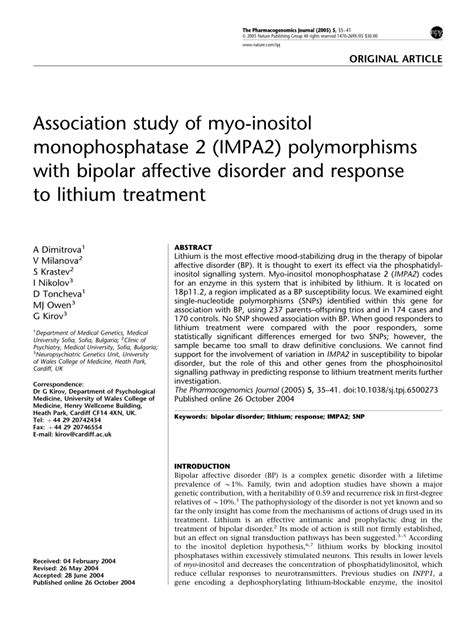 Bipolar disorder, also known as bipolar affective disorder, affects 2 in 100 people. (PDF) Association study of myo-inositol monophosphatase 2 ...