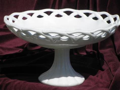 Large Milk Glass Compote Pedestal Fruit Bowl Vintage Lace Edge Pattern