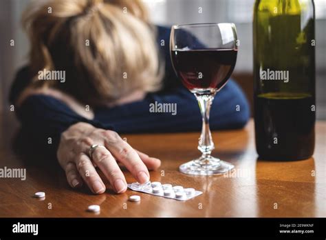 Woman After Drug Overdose And Drinking Red Wine Drugs And Alcohol