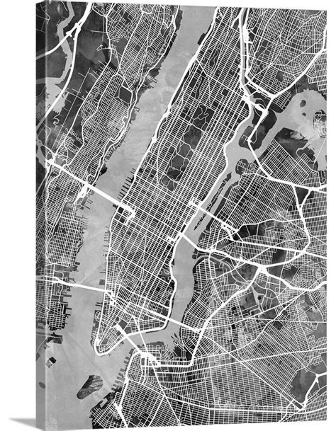 New York City Street Map Black And White Wrapped Canvas Art Print