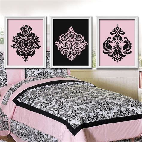 Pink Black Damask Wall Art Artwork Ornamental Design Set Of 3 Trio