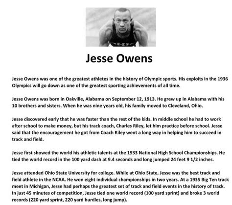 Jesse Owens Biography Article And Assignment Worksheet Jesse Owens