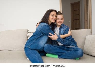 Happy Mother Son Sitting On Sofa Stock Photo Shutterstock