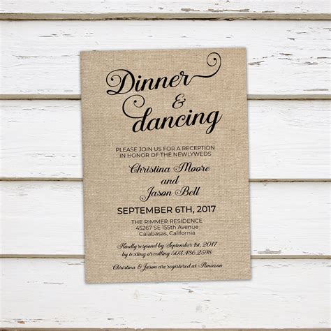 Printable Wedding Reception Invitation Dinner And Dancing Etsy
