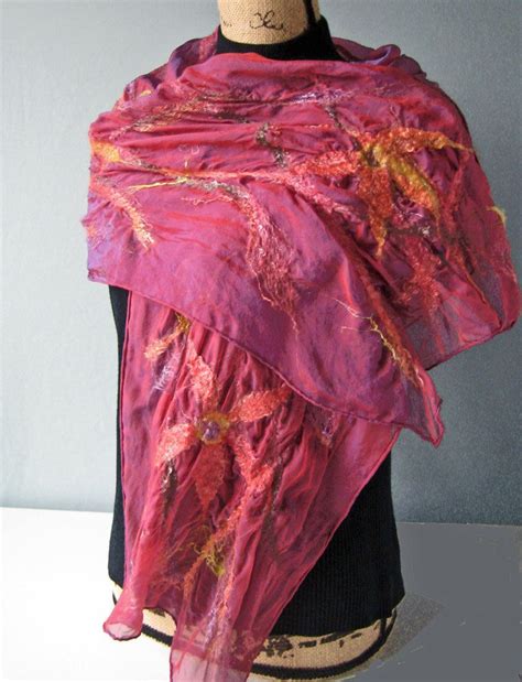 Purplish Red Iridescent Silk Nuno Felted Scarf Womens T Wrap