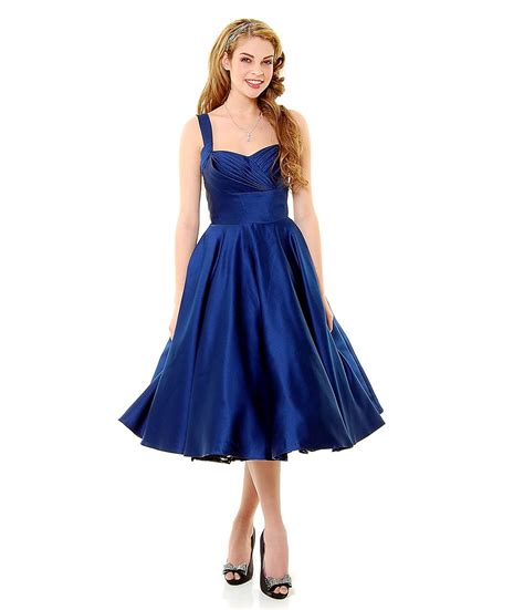 Navy Blue Satin Happily Ever After Pleated Swing Dress Unique Vintage