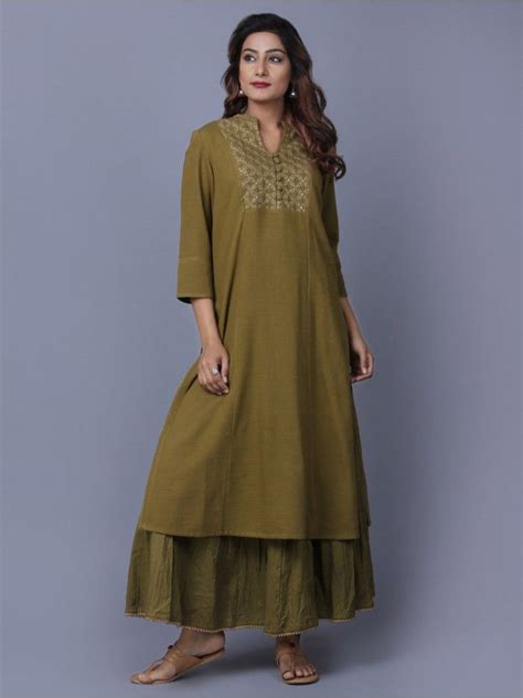 Olive Green Khadi Cotton Zari Embroidered Kurta Clothes For Women Clothes Kurti Designs