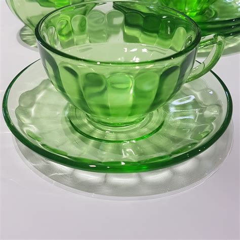 Federal Glass Optic Green Depression Glass Tea Cup And Saucer Set For 4 Collectible Glass T