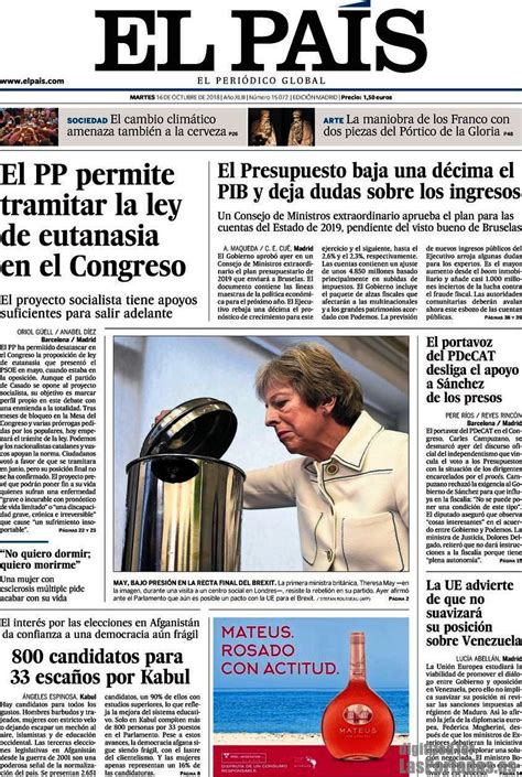 Portada del periódico El País del día 16/10/2018 – News Europa
