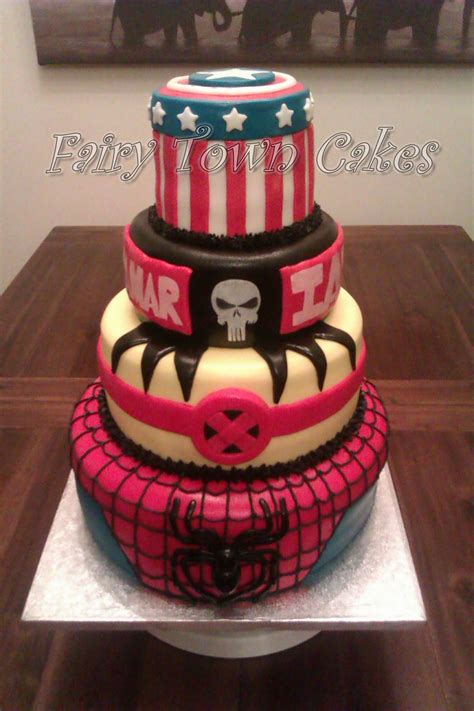 This cake is rocking it at millie's 5th birthday today!! Marvel Heroes Groom's Cake | Grooms cake, Cake, Wedding cakes