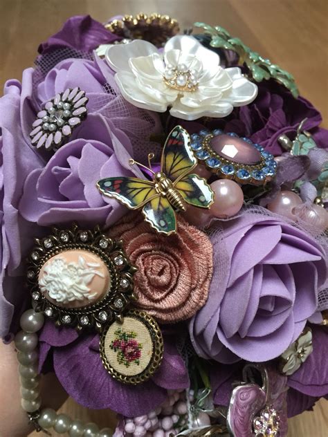 Bouquet assembled from handmade flower brooches, nuts, cinnamon sticks and decorative materials. Wedding brooch bouquet purple gold vintage | Wedding ...