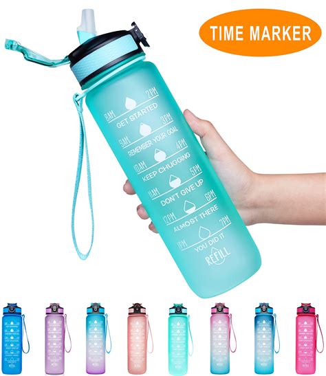 Water Bottle 32oz Large Leakproof Drinking With Time Marker And Straw