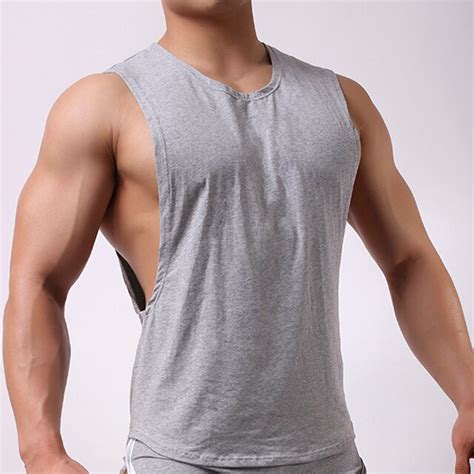 New Summer Men Low Cut Sport T Shirt Loose Sleeveless Shirt Tops Mens Breathable Vest Home