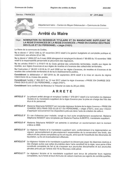 Calaméo Arrêté 211 2022 Nomination Régie Avances Frais Elus Personnel