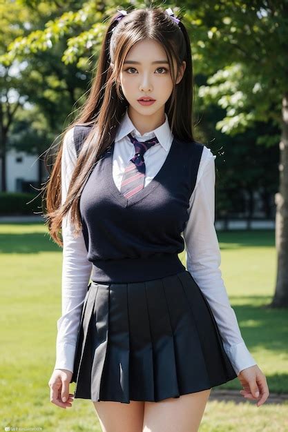 Una Hermosa Chica Asiática Con Piernas Largas Está Usando Un Uniforme Escolar Posando Mirando A