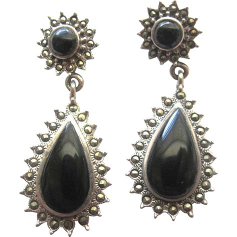 Sterling Silver Black Onyx And Marcasite Dangle Earrings From