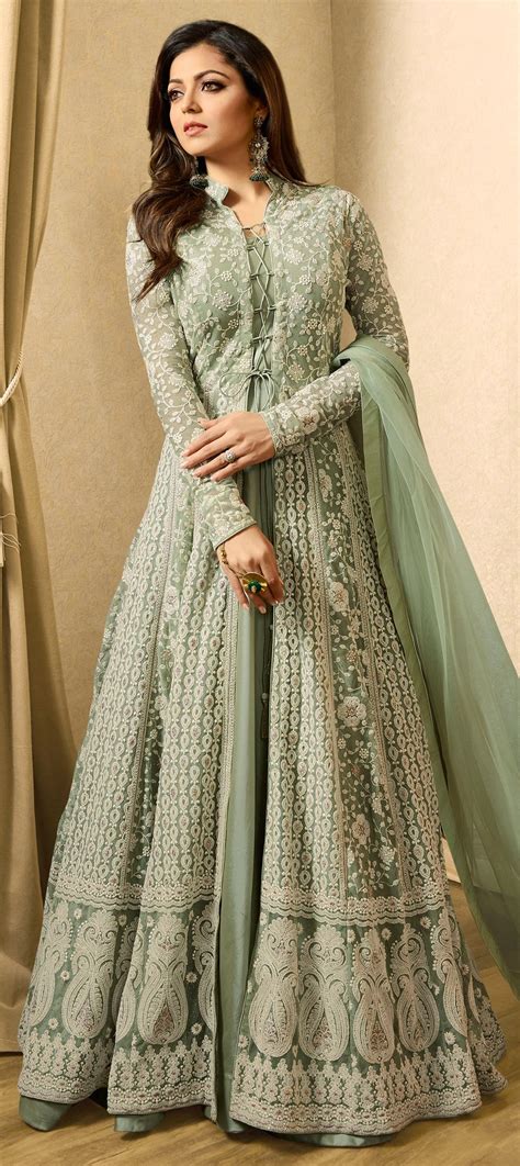 1508731 Bollywood Green Color Net Fabric Salwar Kameez