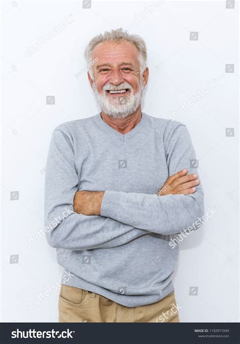 Portrait Of Healthy Happy Smile Senior Elderly Caucasian Old Man With Arm Crossed Isolated On