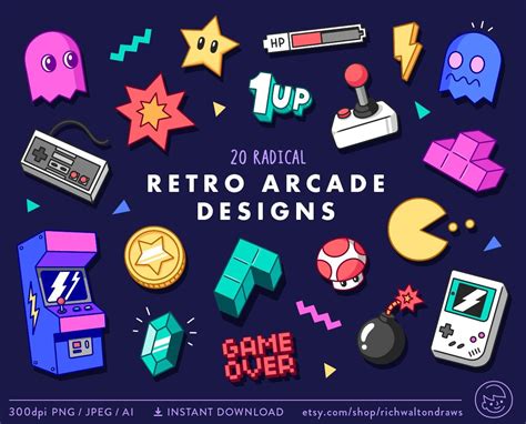 Retro Arcade Clip Art Retro Gaming Clipart Video Game Clip Etsy