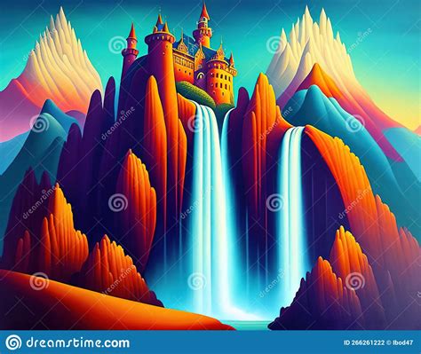 Ai Fantasy Art Landscape Of Castle On A Hill With Waterfalls Stock
