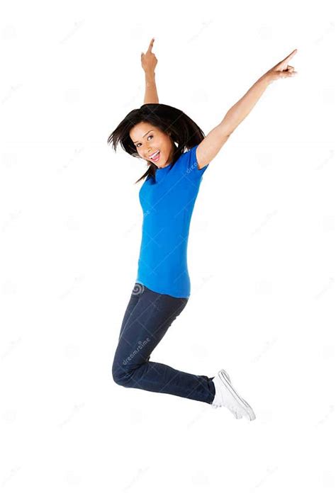 Young Happy Woman Jumping In The Air Stock Image Image Of Happiness