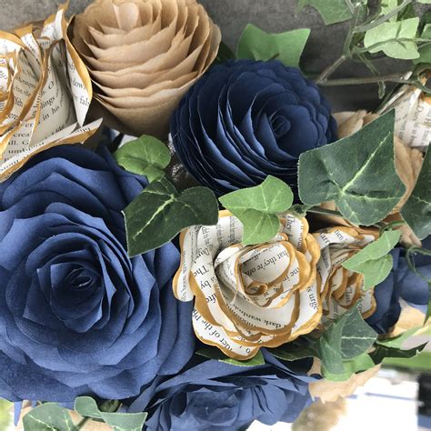 Janevini 2019 silver wedding bouquets bridal with pearls ribbon rose royal blue bridesmaid flower bouquet custom satin brooch. Gold and navy blue paper flower cascading Bridal Bouquet