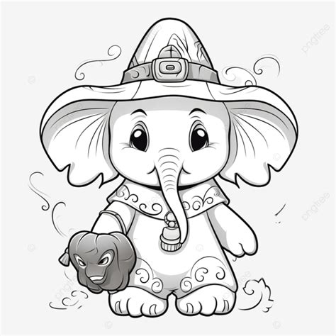 Coloring Book With A Cute Elephant Using Costume Witch Halloween