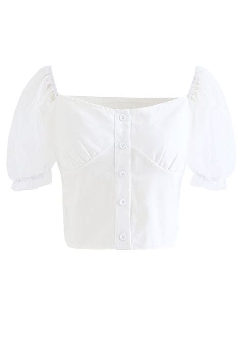 Lace Sleeves Spliced Button Down Crop Top In White Retro Indie And Unique Fashion