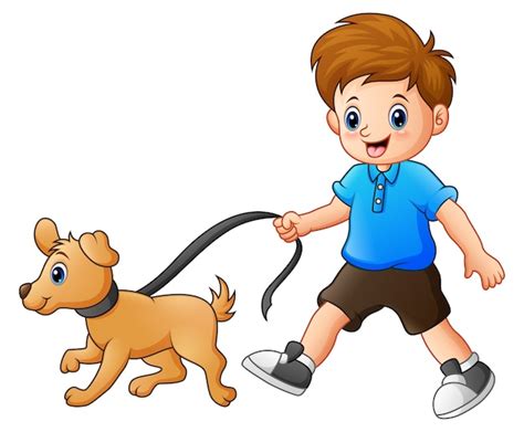 Niño Caminando Con Su Perro Vector Premium