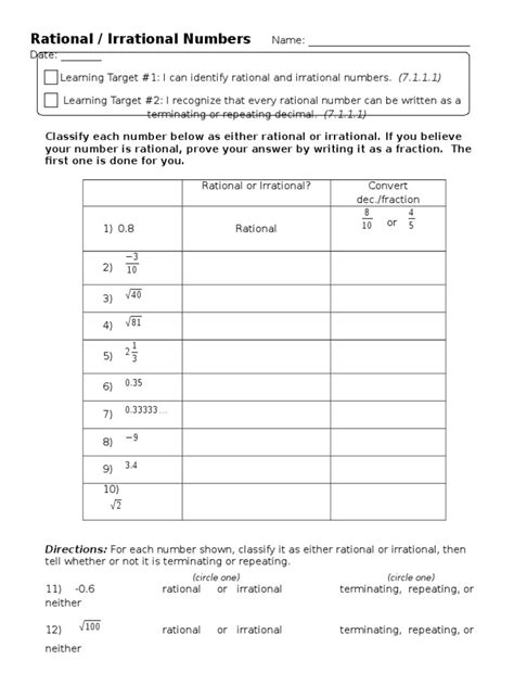 Rational Vs Irrational Numbers Worksheet Pdf