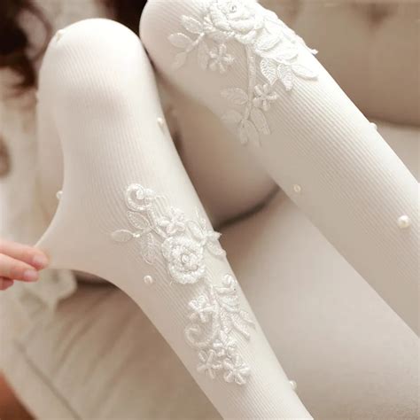 Beautiful White Rose Flower Tights Fashion Beads Embellished Pantyhose