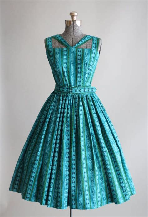 vintage 1950s dress 50s cotton dress turquoise and green floral dress w decorative neckline
