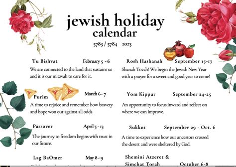 Jewish Holiday Calendar 2023 Hebrew Calendar 5783 5784 Etsy